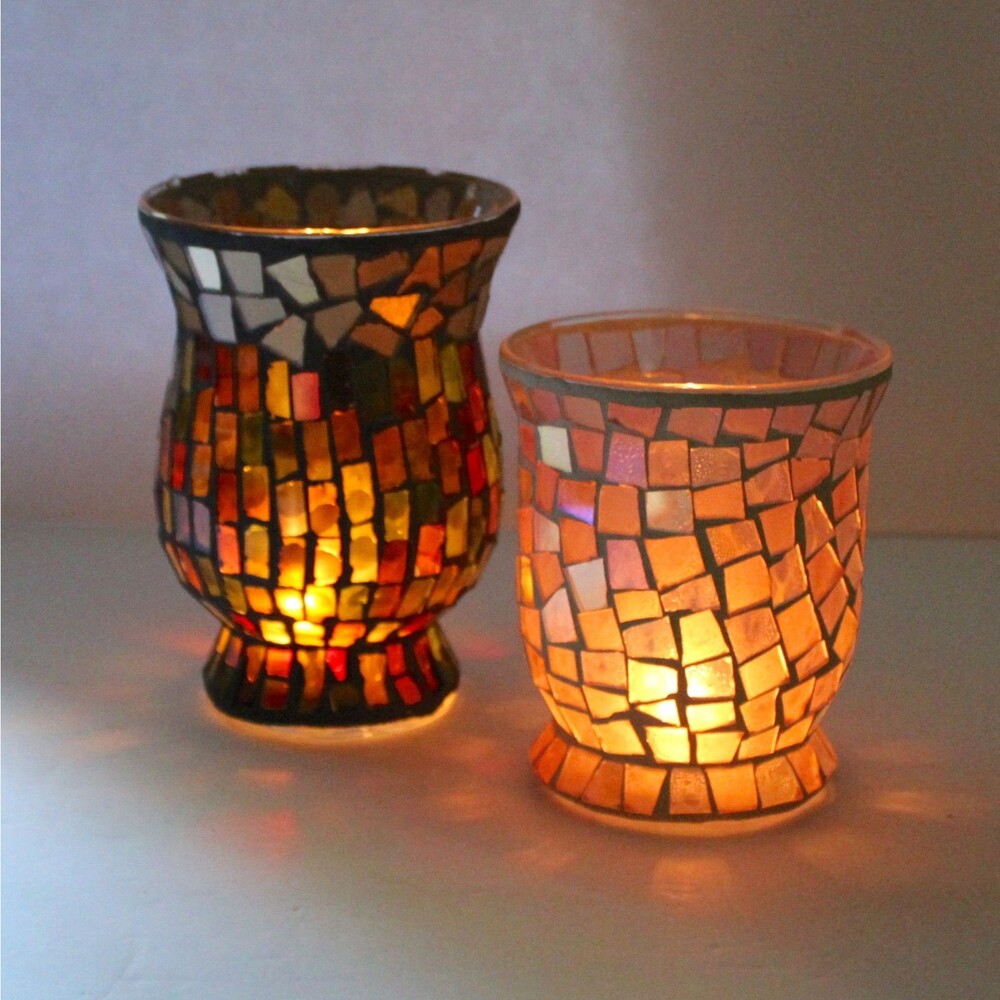 2 Candle Holder Hurricane Vase mosaic stained glass brown pink
